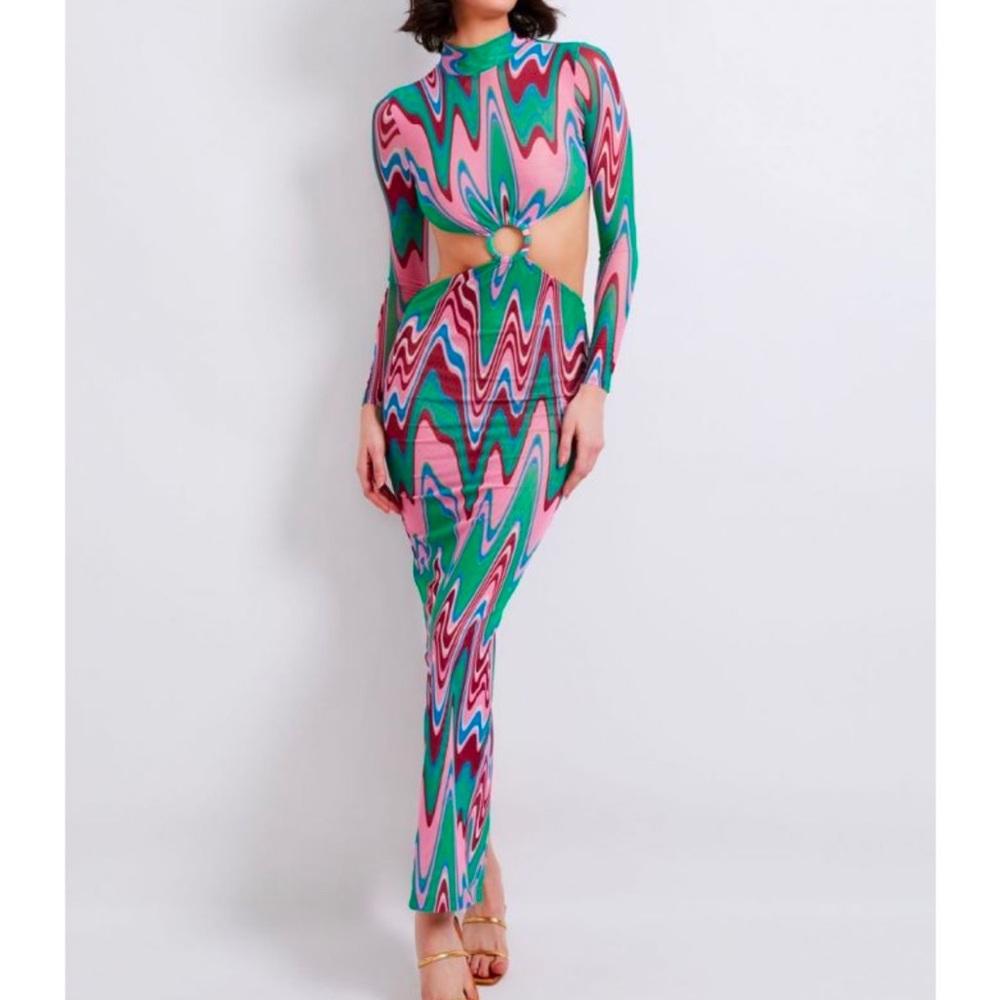 PatBo Wave Cutout Printed Tulle Maxi Dress